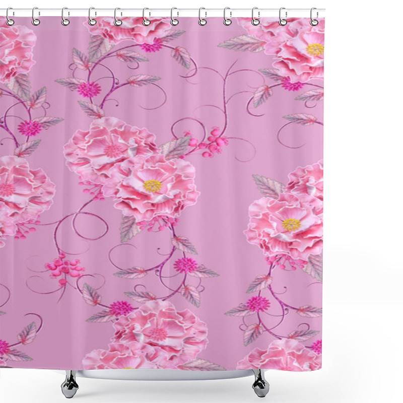 Personality  Violet, Pink Flowers With A Paisley Element, Delicate Curls, Bright Leaves, Inflorescences Of Berries. Floral Seamless Pattern. Shower Curtains