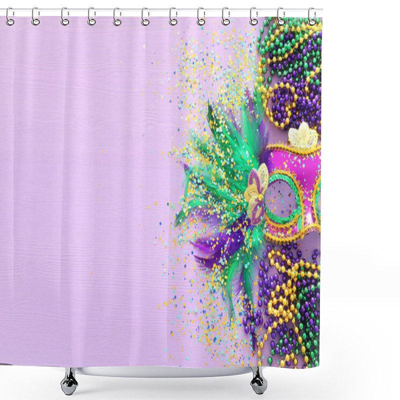 Personality  Holidays Image Of Mardi Gras Masquarade Venetian Mask Over Purple Background. View From Above Shower Curtains