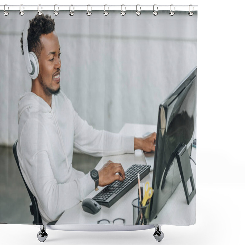 Personality  Happy African American Programmer Sitting At Workplace In Headphones Shower Curtains