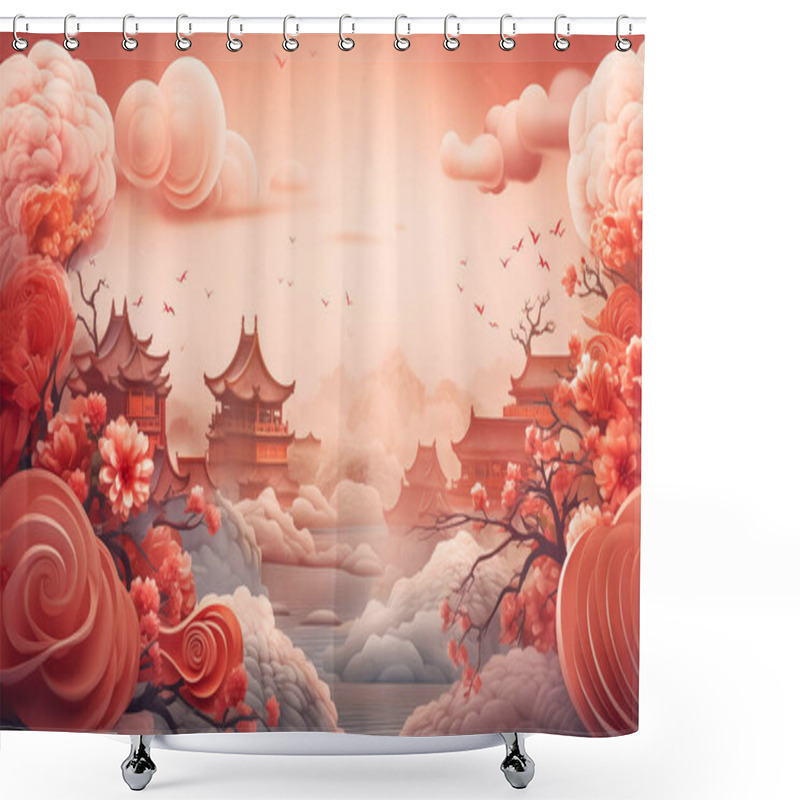 Personality  Illustration Of Traditional Building And Red Flowers. Happy Chinese New Year Backgrounds. Shower Curtains