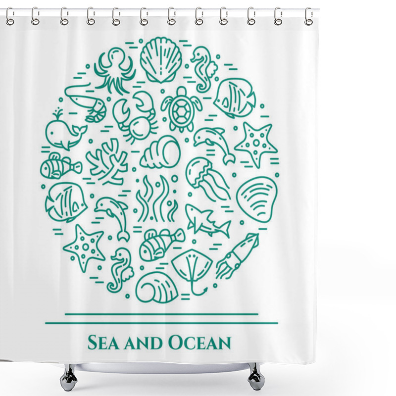 Personality  Marine Theme Aquamarine And White Banner. Pictograms Of Fish, Shell, Crab, Shark, Dolphin, Turtle, Other Sea Creatures Related Line Pictograms. Simple Silhouette. Editable Stroke Vector Illustration Shower Curtains