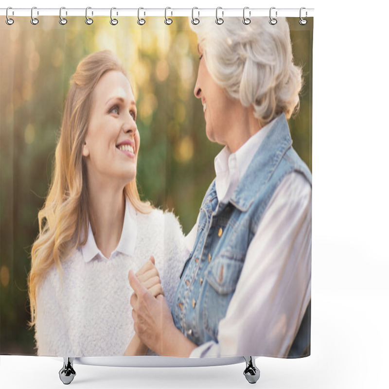 Personality  Aged Woman And Mature Daughter Walking On The Street Shower Curtains