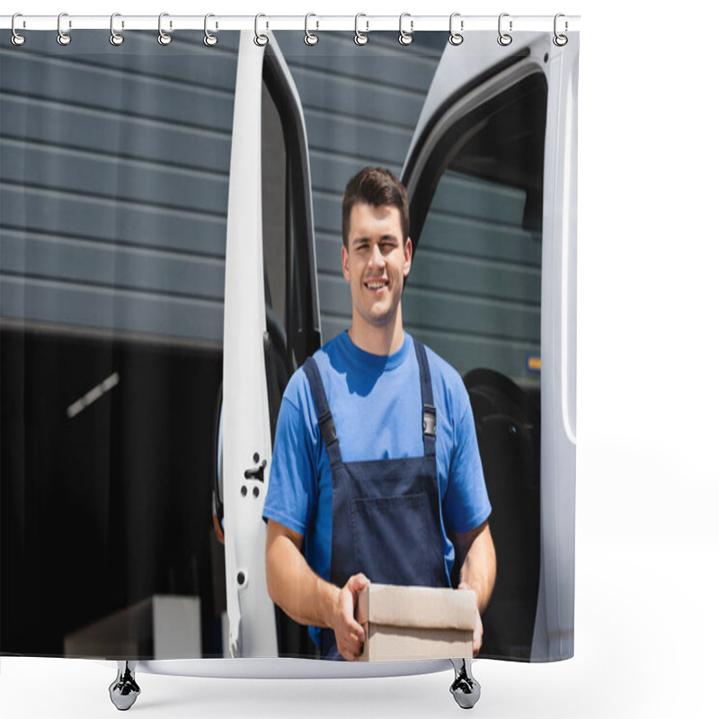 Personality  Young Loader Holding Carton Box And Looking At Camera Near Truck Outdoors  Shower Curtains