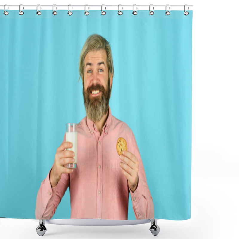 Personality  The Concept Of Healthy Eating. Organic Farm Products For Breakfast Or Lunch. Milk And Cookies. Happy Farmer Eat Cookie Dessert. Bearded Man Drink Useful Milk With Pastry Shower Curtains