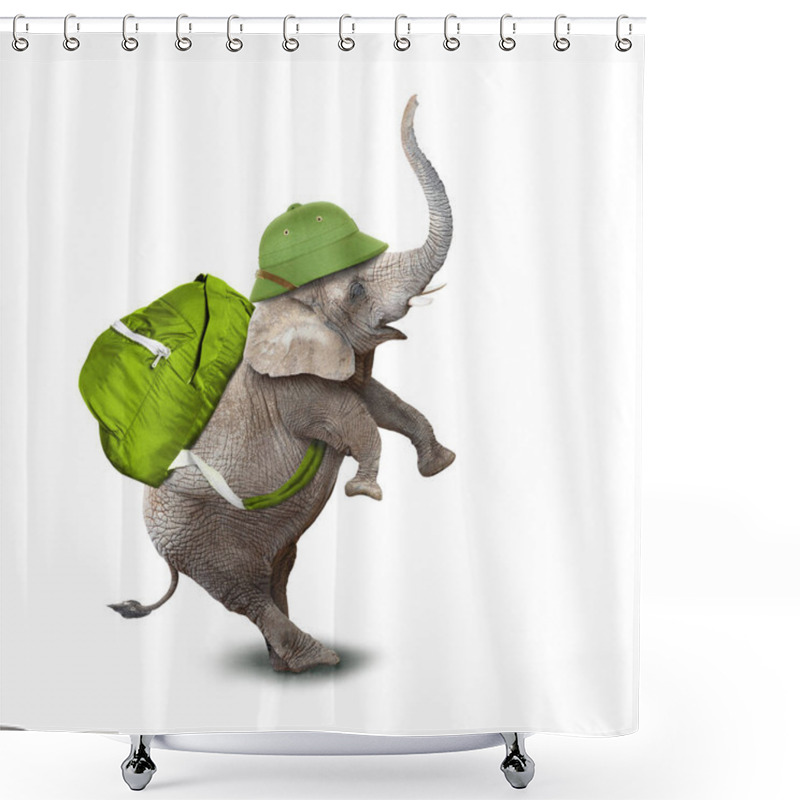 Personality  Young Elephant With Green Backpack. Shower Curtains