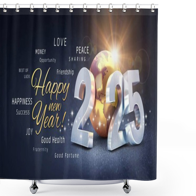 Personality  Happy New Year 2025 Greeting Card, Best Wish Date Number Gold Earth Globe, Festive Black Background English Language Shower Curtains