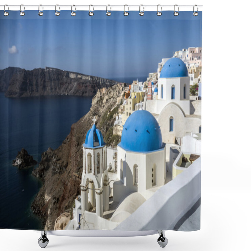 Personality  Blue And White Church Of Oia Village ,Santorini Shower Curtains