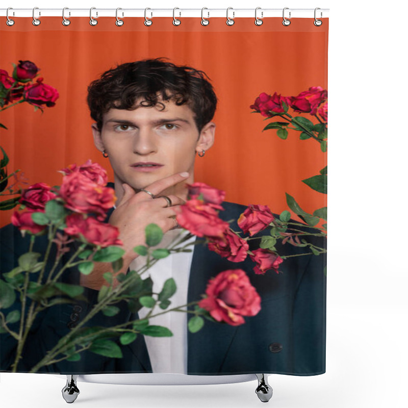 Personality  Portrait Of Stylish Man Touching Chin Near Roses Isolated On Red  Shower Curtains