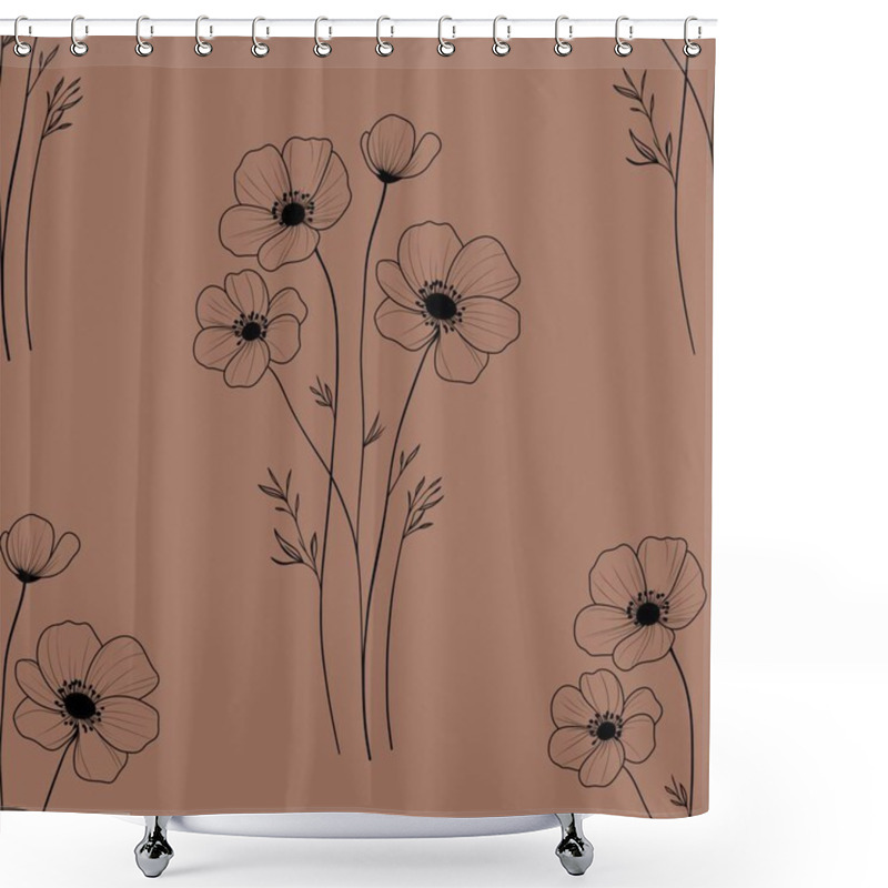 Personality  Seamless Pattern Anemone Flowers Outline Big Design On Mocha Mosses Background For Prints, Textiles, Packaging, Fabrics, And Wrapping Paper Shower Curtains