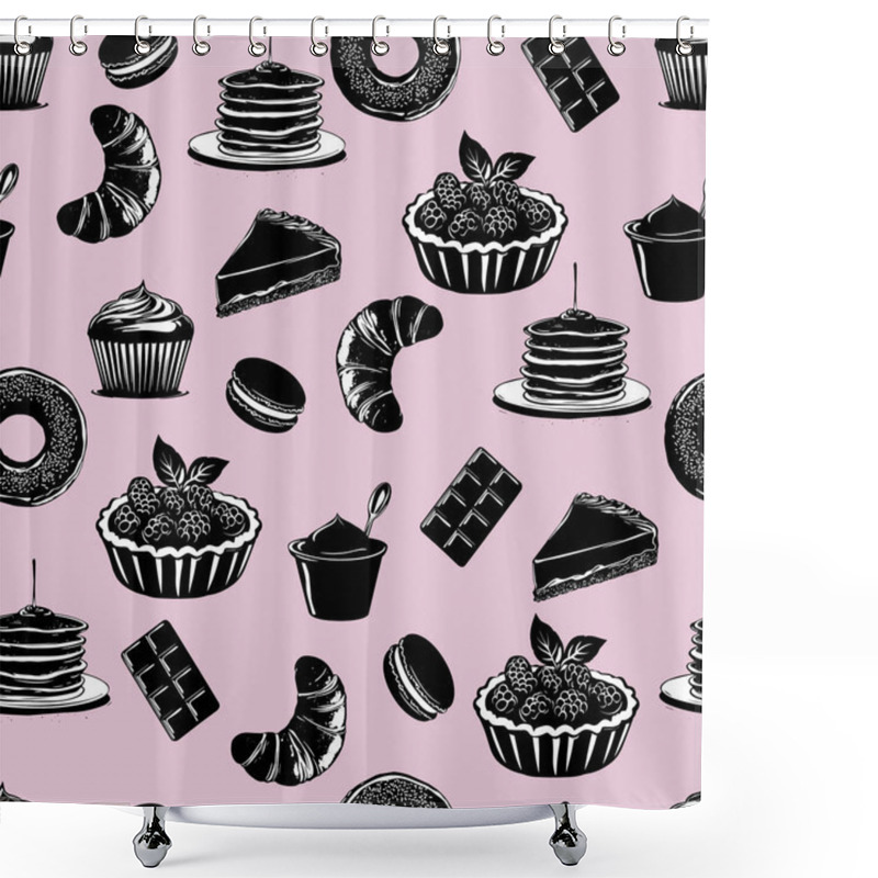 Personality  Seamless Pattern Of Desserts On Pink Background. Black And White Pastry Illustration With Pink. Stylish Food Illustration With Sweets And Pastries Shower Curtains