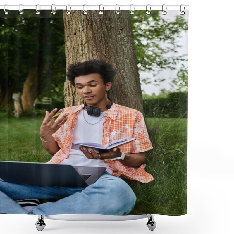 Personality  Young Man, Laptop, Headphones, Natures Embrace. Shower Curtains