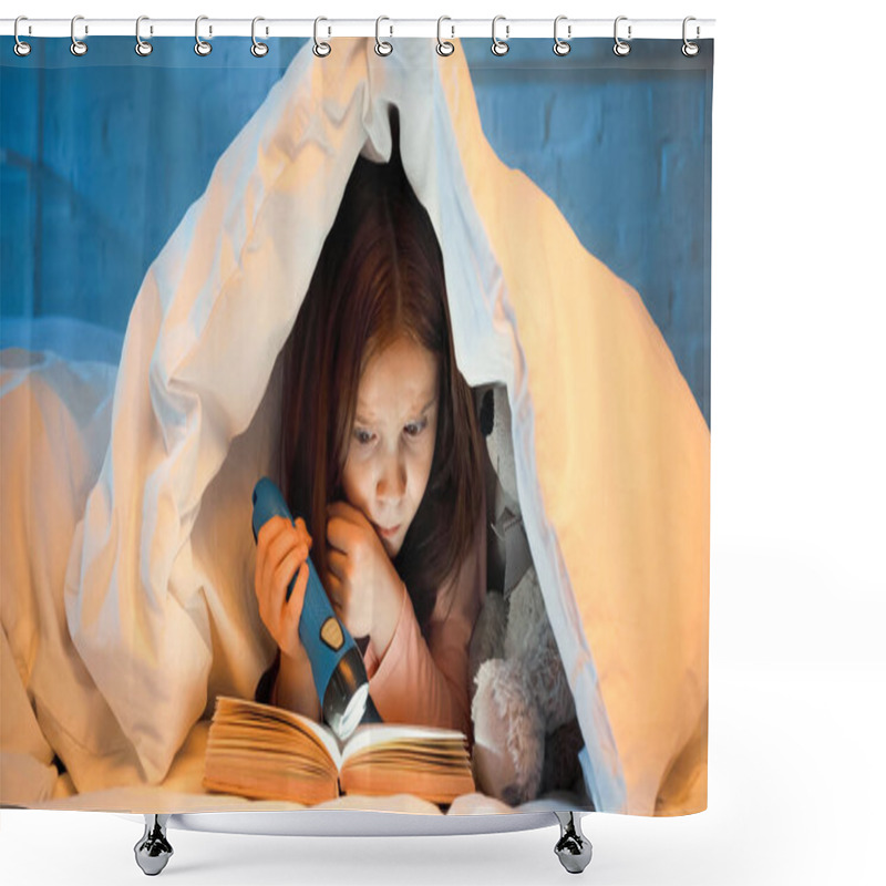 Personality  Focused Kid With Flashlight Reading Book Under Blanket On Bed  Shower Curtains