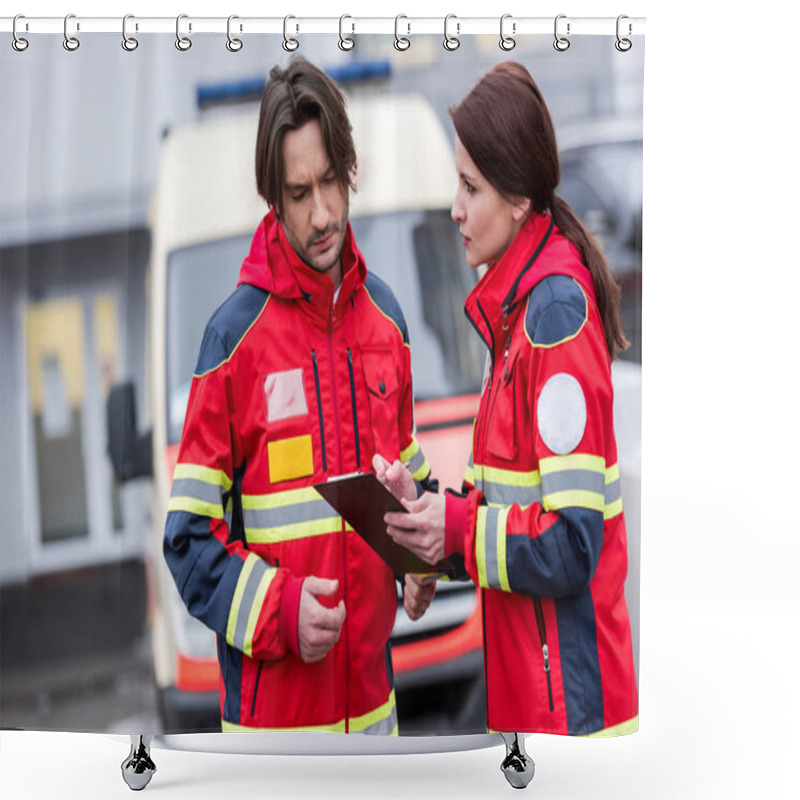 Personality  Serious Paramedics In Red Uniform Reading Notes In Clipboard Shower Curtains