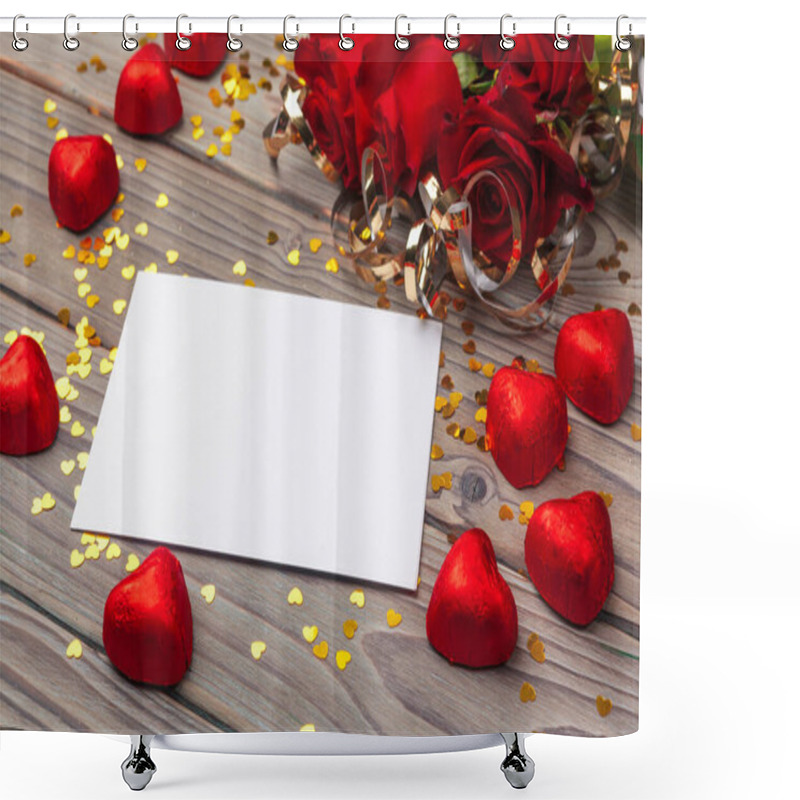 Personality  Valentines Day With Red Roses And Heart Chocolate. Creative Photo. Shower Curtains