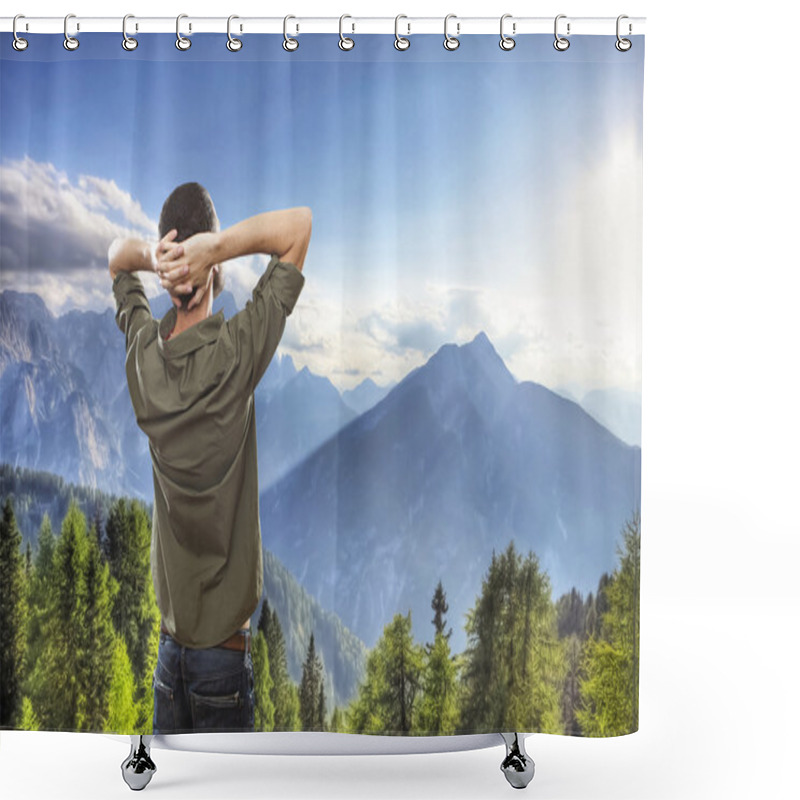 Personality  Young Man On Top Of The Mountain, Realxing And Enjoying The View Shower Curtains