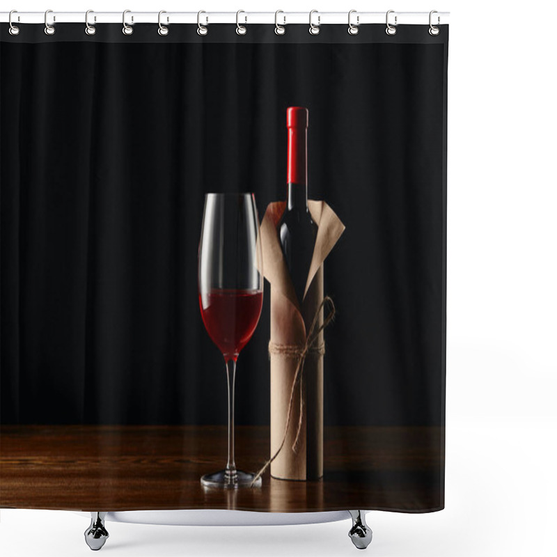 Personality  Wine Bottle In Paper Wrapper And Glass On Wooden Surface Isolated On Black Shower Curtains