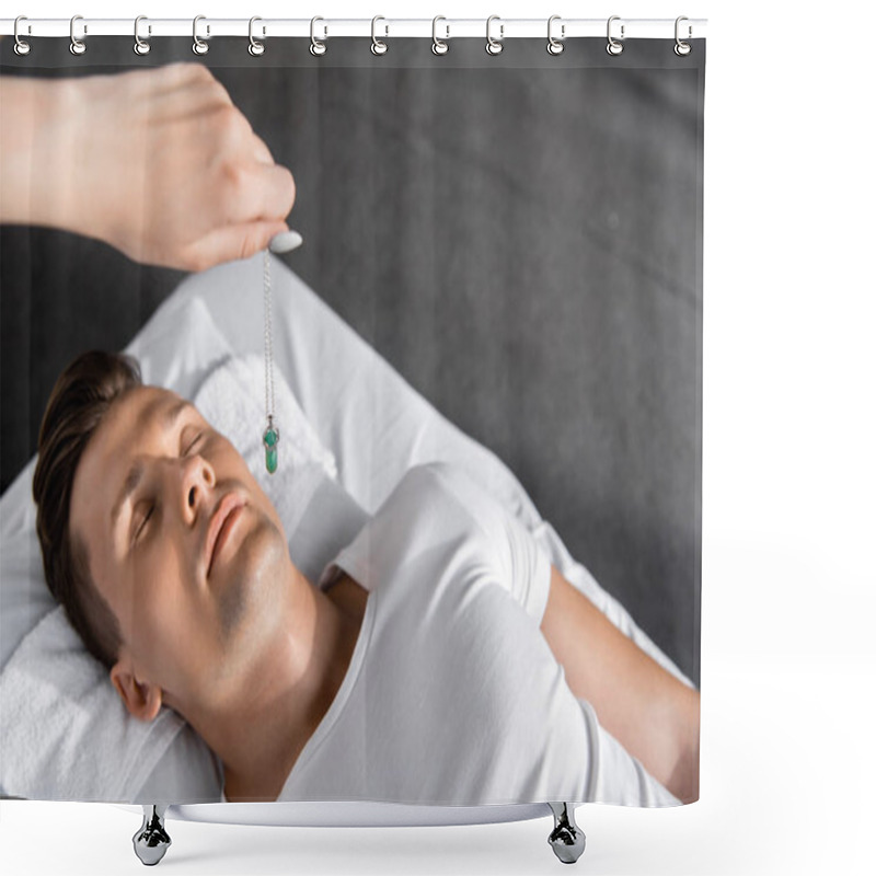 Personality  Cropped View Of Hypnotist Standing Near Man On Massage Table And Holding Green Stone Shower Curtains