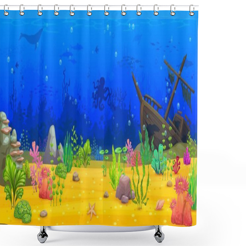 Personality  Cartoon Underwater Landscape, Game Level. Sea World Scene, Ocean Deep Wildlife Or Coral Reef Seascape Vector Background. Underwater Animal And Plants Background With Sunken Ship, Ocean Bottom Seaweeds Shower Curtains