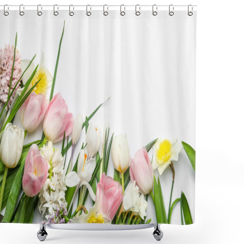 Personality  Beautiful Spring Flowers On White Background, Top View Shower Curtains