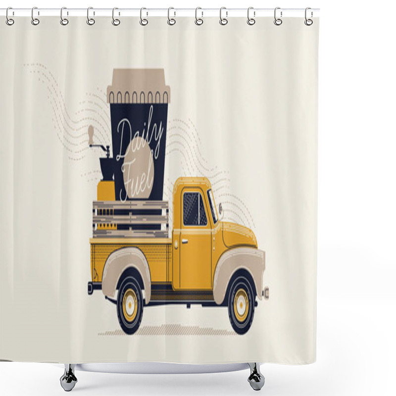 Personality  Coffee Lovers Themed Art. Elegant Retro Styled Figurative Vector Illustration Of Old Truck Carrying Giant Take Away Paper Coffee Cup With Handwritten Lettering And Coffee Grinder Shower Curtains