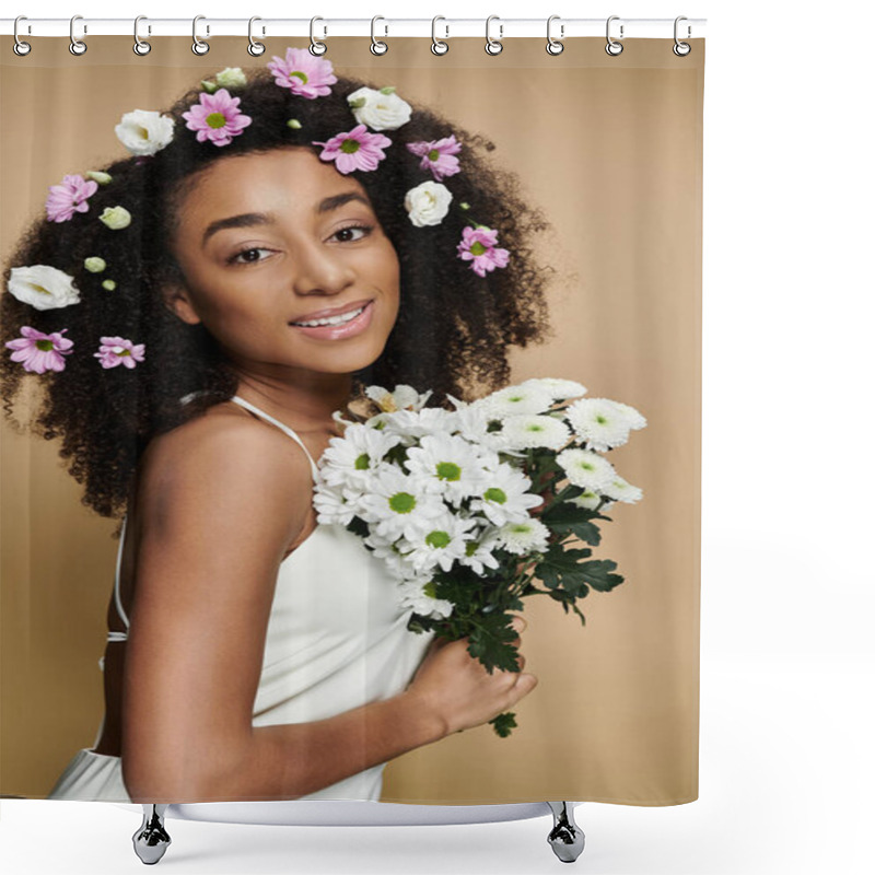 Personality  A Beautiful African American Woman With Natural Makeup Smiles While Wearing Flowers In Her Hair And Holding A Bouquet Of White Flowers. Shower Curtains