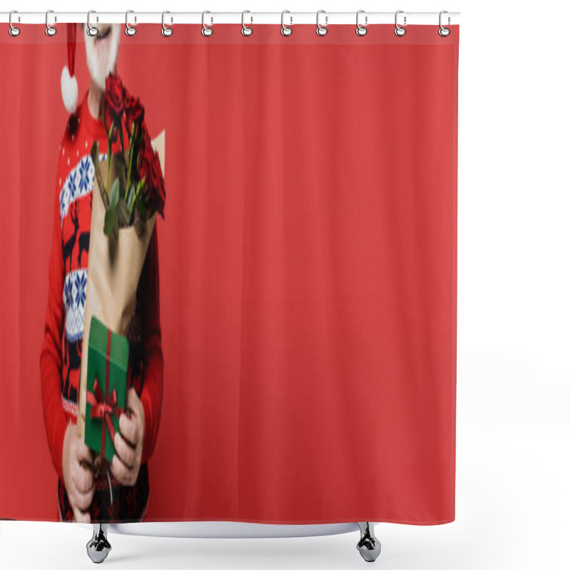 Personality  Cropped View Of Smiling Elderly Man In Santa Hat Holding Roses And Present Isolated On Red, Banner  Shower Curtains