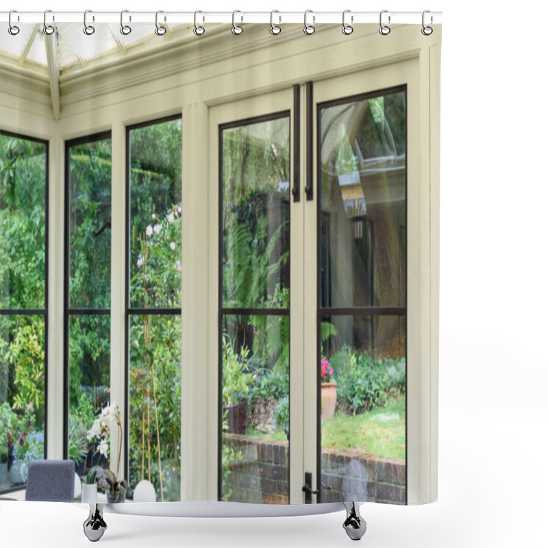 Personality  Conservatory Room Interior With Patio Doors And View To A Garden Shower Curtains