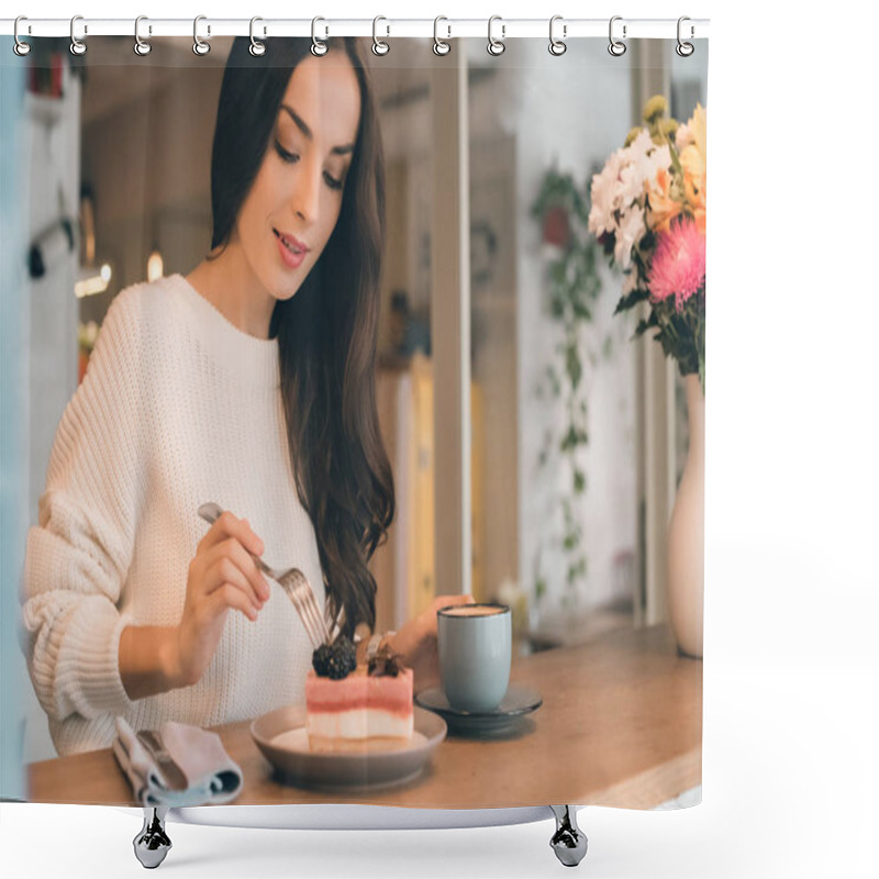 Personality  Beautiful Young Woman With Coffee Cup Eating Cheesecake At Table In Cafe Shower Curtains