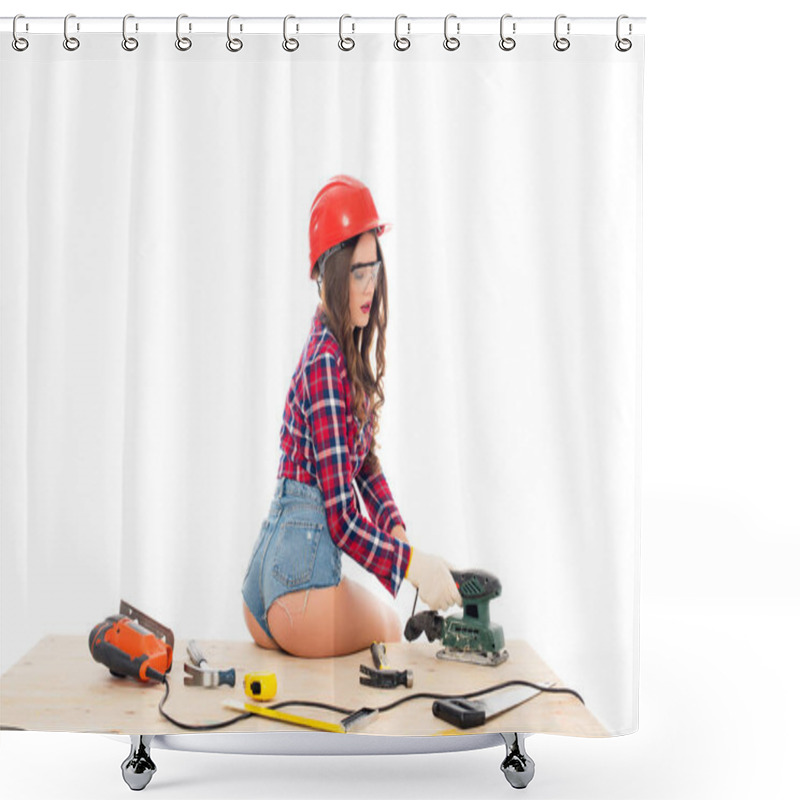 Personality  Sexy Girl In Hardhat Working With Grind Tool On Wooden Table With Tools, Isolated On White Shower Curtains