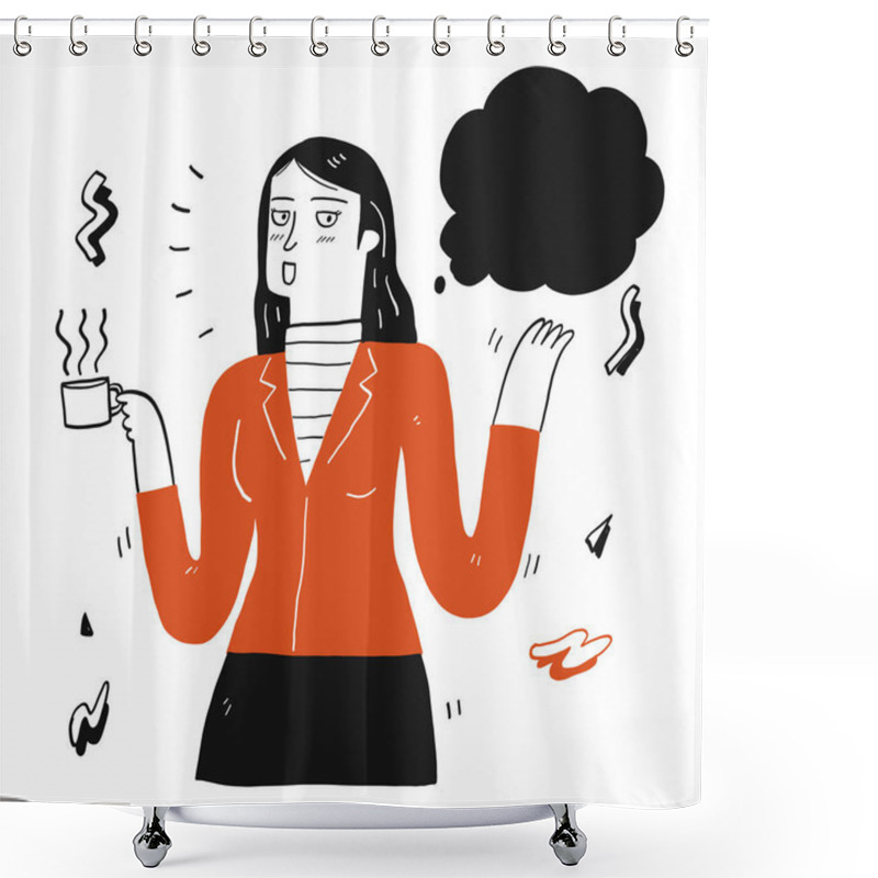 Personality  Pretty Woman Holding Cup Of Coffee And Talking, Hand Drawing Vector Illustration Doodle Style. Shower Curtains