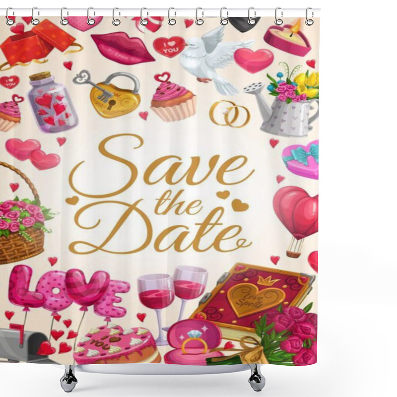 Personality  Save The Date Love Hearts, Wedding Rings And Gifts Shower Curtains