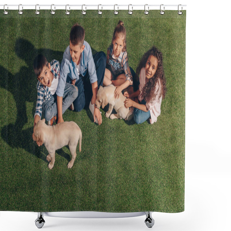 Personality  Multiethnic Kids With Cute Puppies Shower Curtains