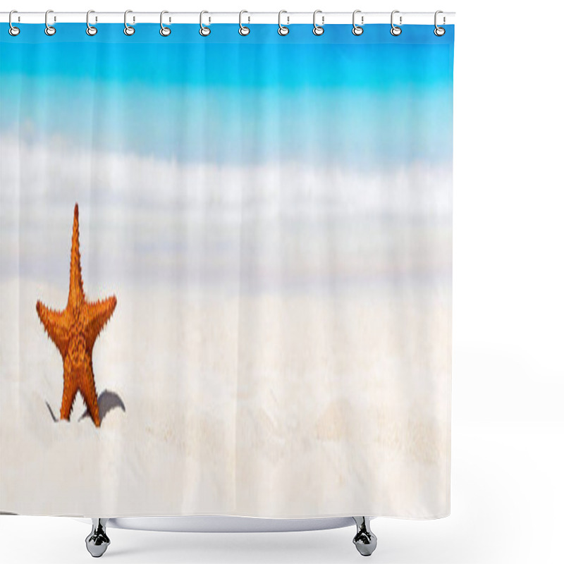 Personality  Panorama Of Summer Beach With Starfish And Blue Sea Background. Landscape Of Tropical Summer. Summer Vacation Concept. Shower Curtains