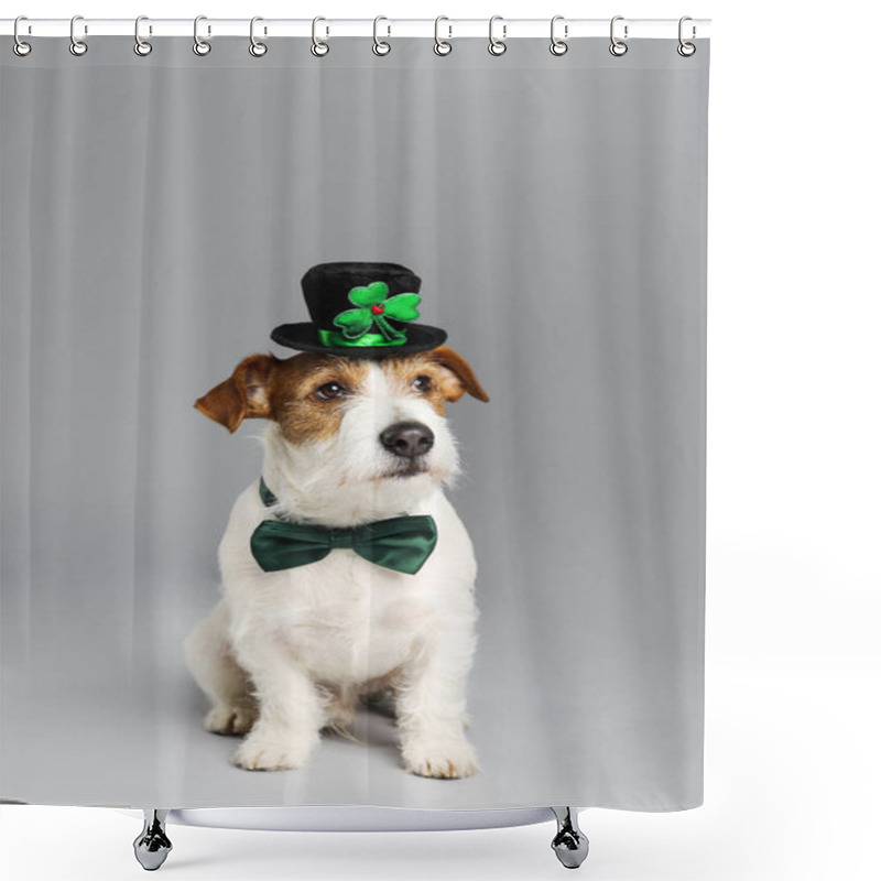 Personality  Jack Russell Terrier With Leprechaun Hat And Bow Tie On Light Grey Background. St. Patrick's Day Shower Curtains