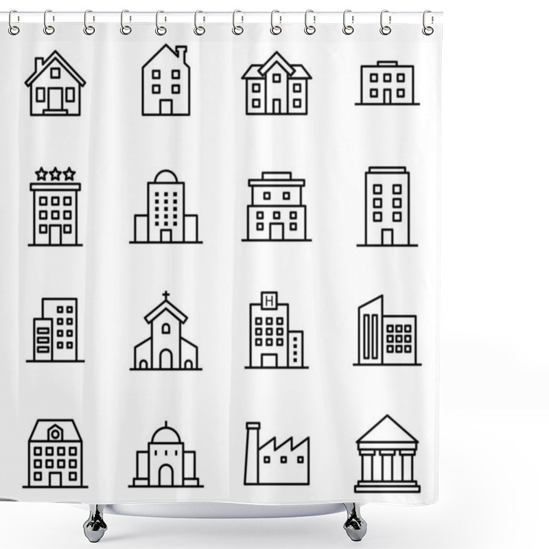 Personality  Building Icon Illustration Black And White, House, School, Hotel, Office Building, Shopping Mall, University, Hospital Images Shower Curtains