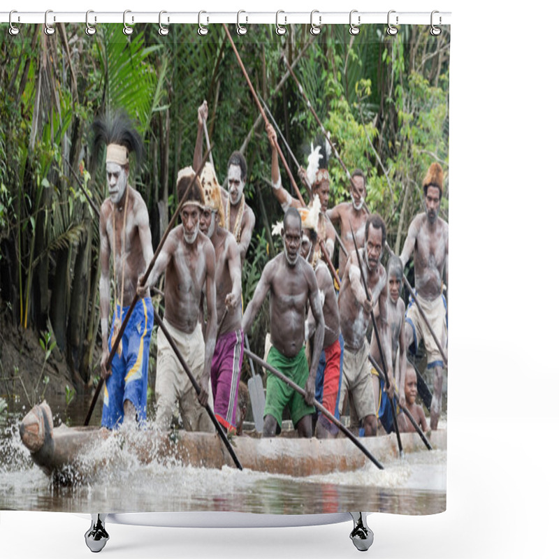 Personality  Asmat Men Paddling In Their Dugout Canoe Shower Curtains