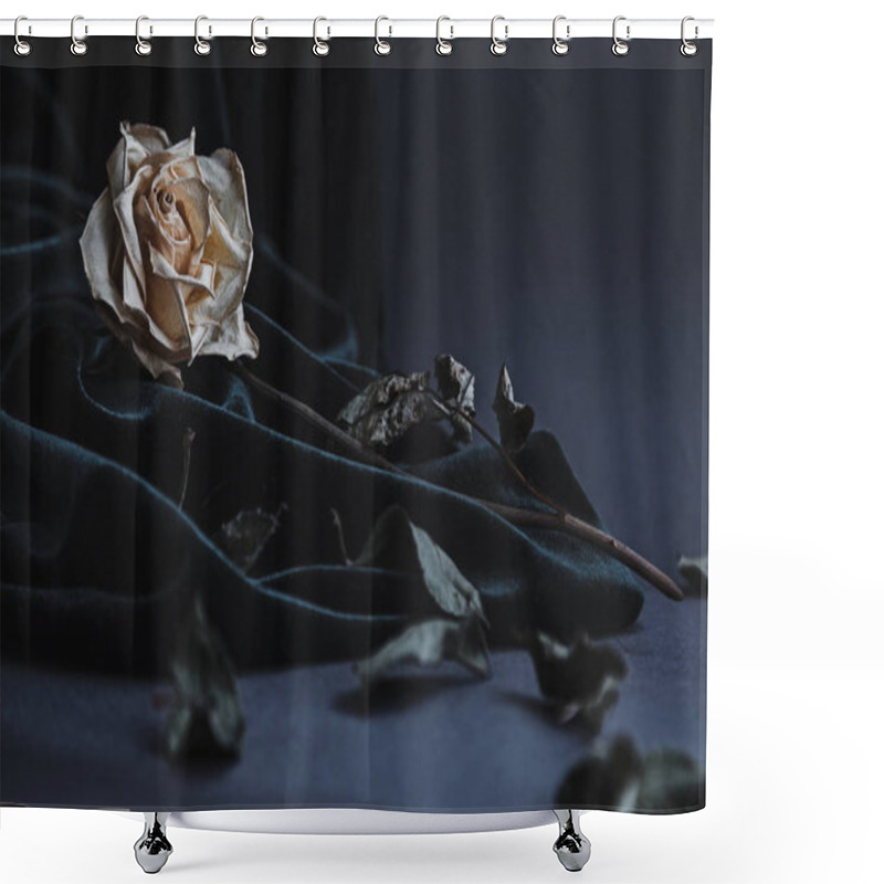 Personality  Dried White Rose On Gray Background With Dark Velvet Draping Shower Curtains