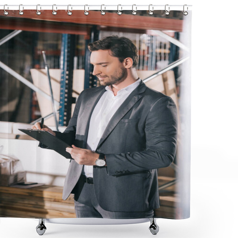 Personality  Concentrated Businessman Writing On Clipboard In Warehouse Shower Curtains