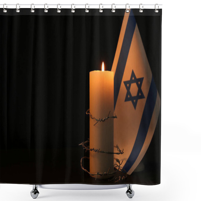 Personality  Flag Of Israel, Barbed Wire And Burning Candle On Black Background, Space For Text. Holocaust Memory Day Shower Curtains