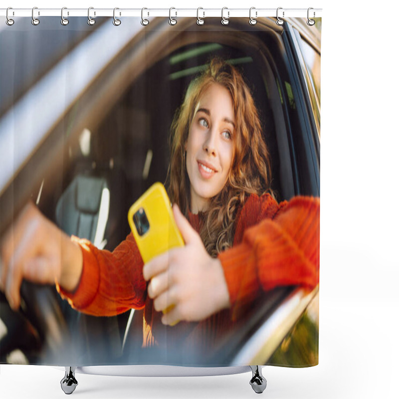 Personality  Young Woman Is Driving A Car With Phone. Leisure, Travel, Technology, Navigation. Shower Curtains