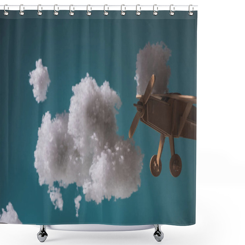 Personality  Wooden Toy Plane Flying Among White Fluffy Clouds Made Of Cotton Wool In Dark Shower Curtains