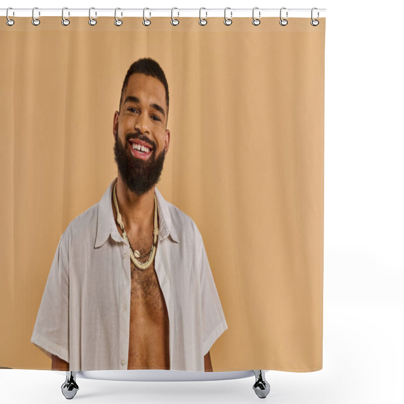 Personality  A Bearded Man Exudes Rugged Charm In His Crisp White Shirt, A Symbol Of Sophistication Juxtaposed With His Natural Masculinity. Shower Curtains