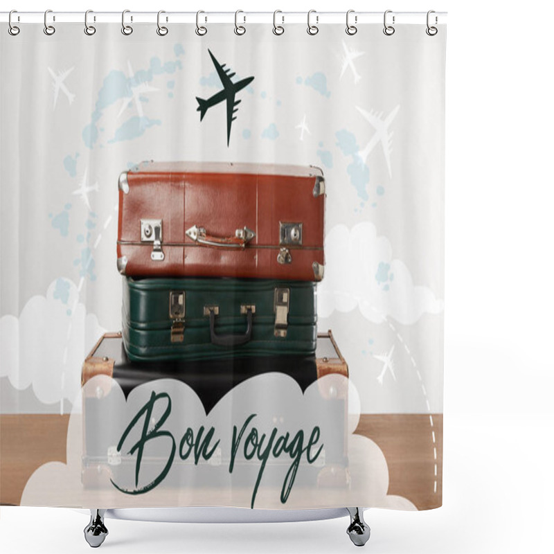 Personality  Stacked Old Leather Travel Bags With Airplanes And Bon Voyage (have A Nice Trip) Inspiration Shower Curtains