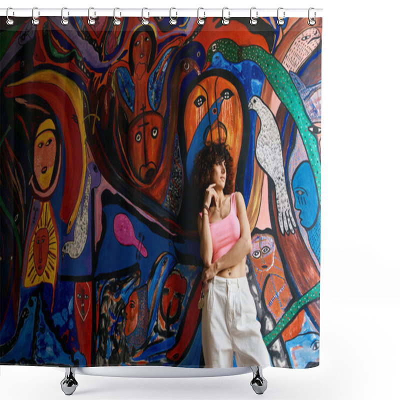 Personality  A Stylish Woman Poses Against A Vibrant Mural During Her European Travels. Shower Curtains