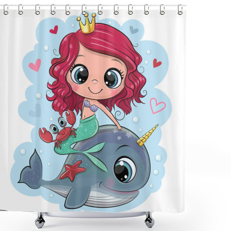 Personality  Cute Cartoon Mermaid And Whale On A Blue Background Shower Curtains