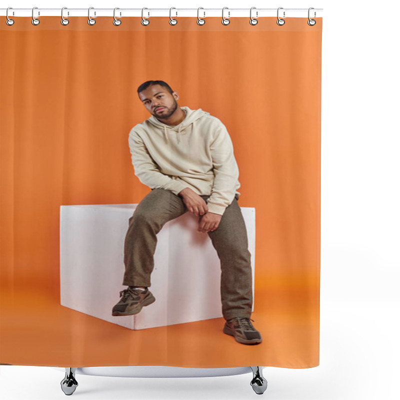 Personality  A Stylish African American Man Seated Atop A White Cube. Shower Curtains