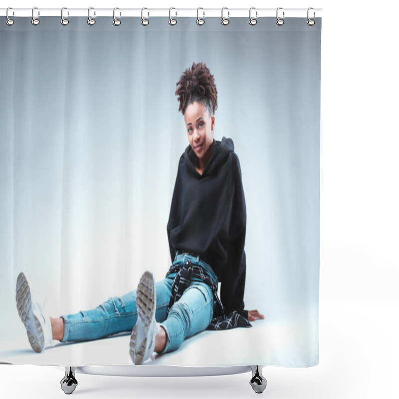 Personality  Relaxed Grounded On The Floor, Her Easygoing Poise And Subtle Smile Encapsulate A Modern, Carefree Vibe Shower Curtains