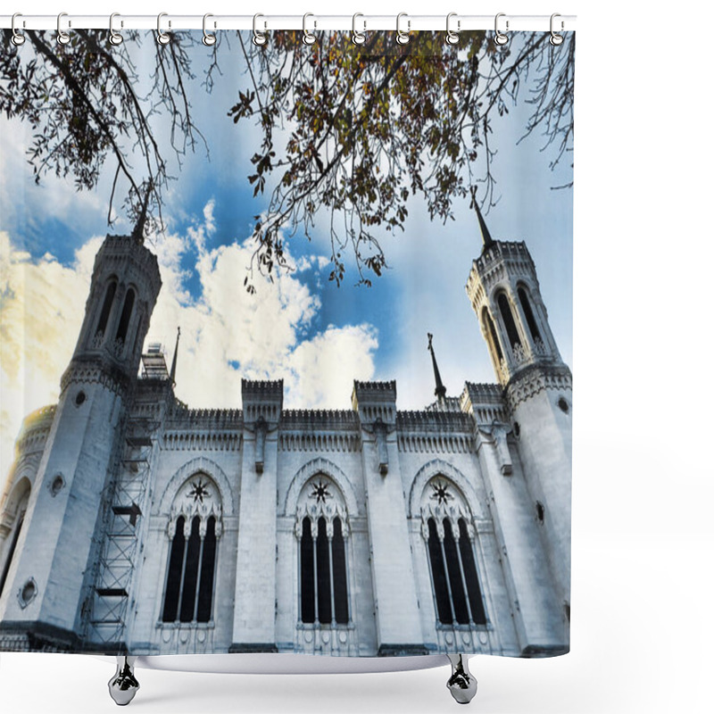 Personality  Historic Church Facade With Gothic Windows, Branches, And Cloudy Sky Shower Curtains