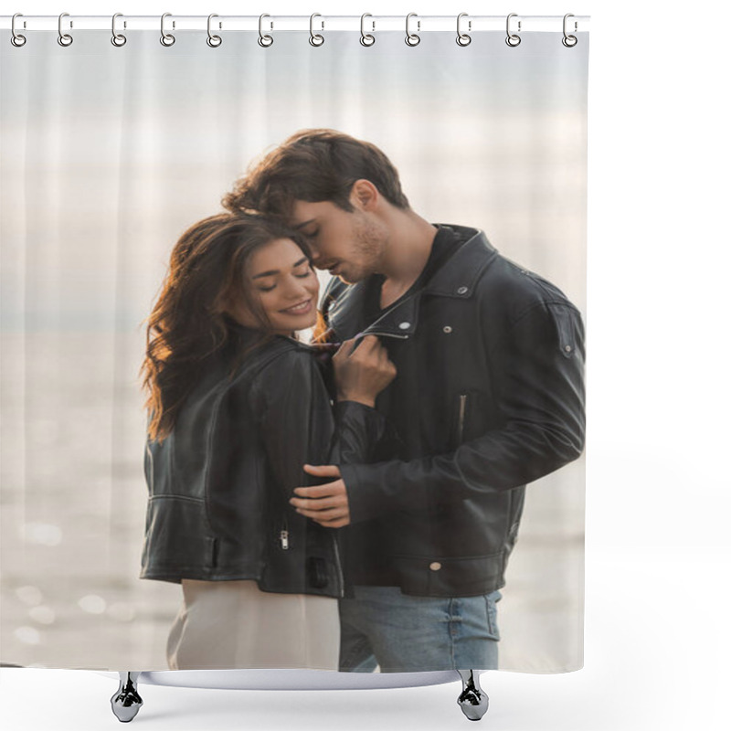 Personality  Brunette Woman In Dress And Leather Jacket Standing Near Boyfriend And Sea Shower Curtains