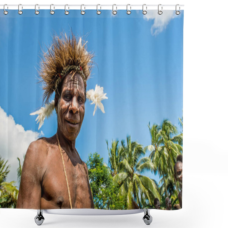 Personality  YOUW VILLAGE, ATSY DISTRICT, ASMAT REGION, IRIAN JAYA, NEW GUINEA, INDONESIA - MAY 23, 2016: Portrait Of A Man From The Tribe Of Asmat People With Ritual Headdress. Asmat Welcoming Ceremony. Shower Curtains